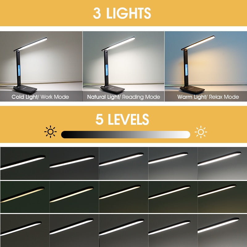 Luminária de Mesa Luz Led 10w com Carregamento de Celular Sem Fio Wireless, com Calendário, Temperatura, Despertador, Protege os Olhos Durante a Leitura